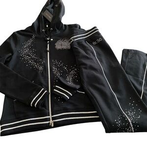 NWT BCBG MaxAzria Black and Silver Tracksuit‎ w/ Rhinestone Accents Size M